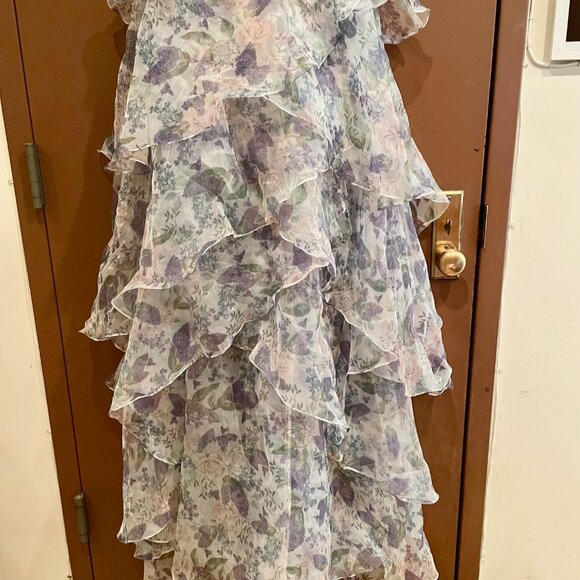 ANEWSTA Women Floral Print One Shoulder Ruffle Trim Petal Hem Evening Gown NWT - Picture 7 of 14